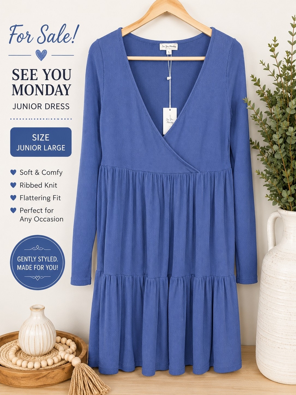 See You Monday Blue Ribbed Knit Long Sleeve Tiered Dress